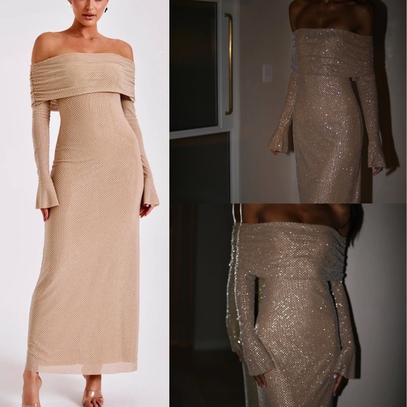 Meshki Marcel Off Shoulder Diamante Maxi Dress- Nude jeweled embellished diamond - Picture 1 of 14